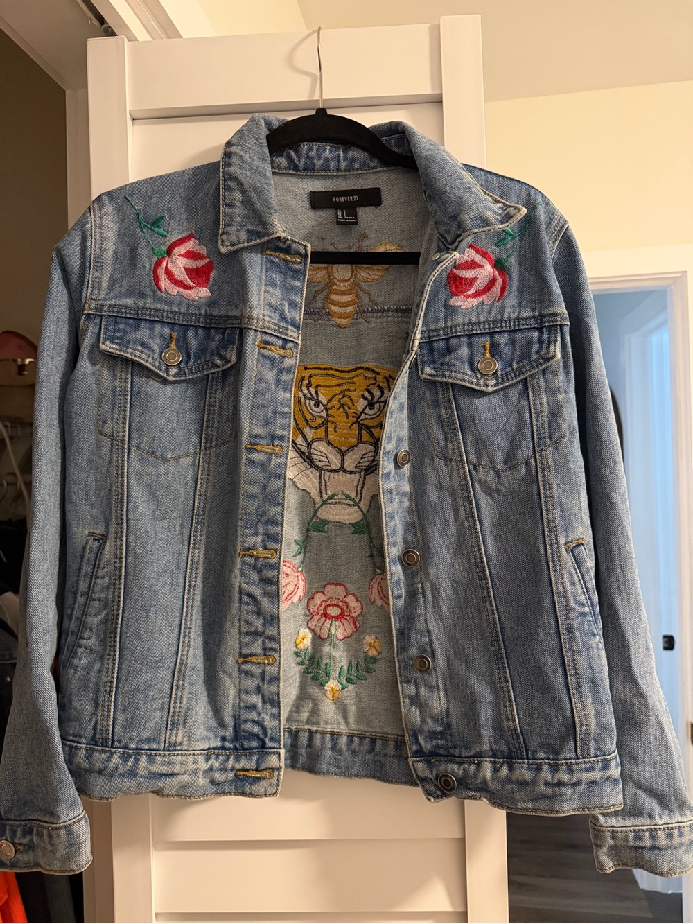 Forever 21 Light Blue Embroidered Rose Denim Jacket